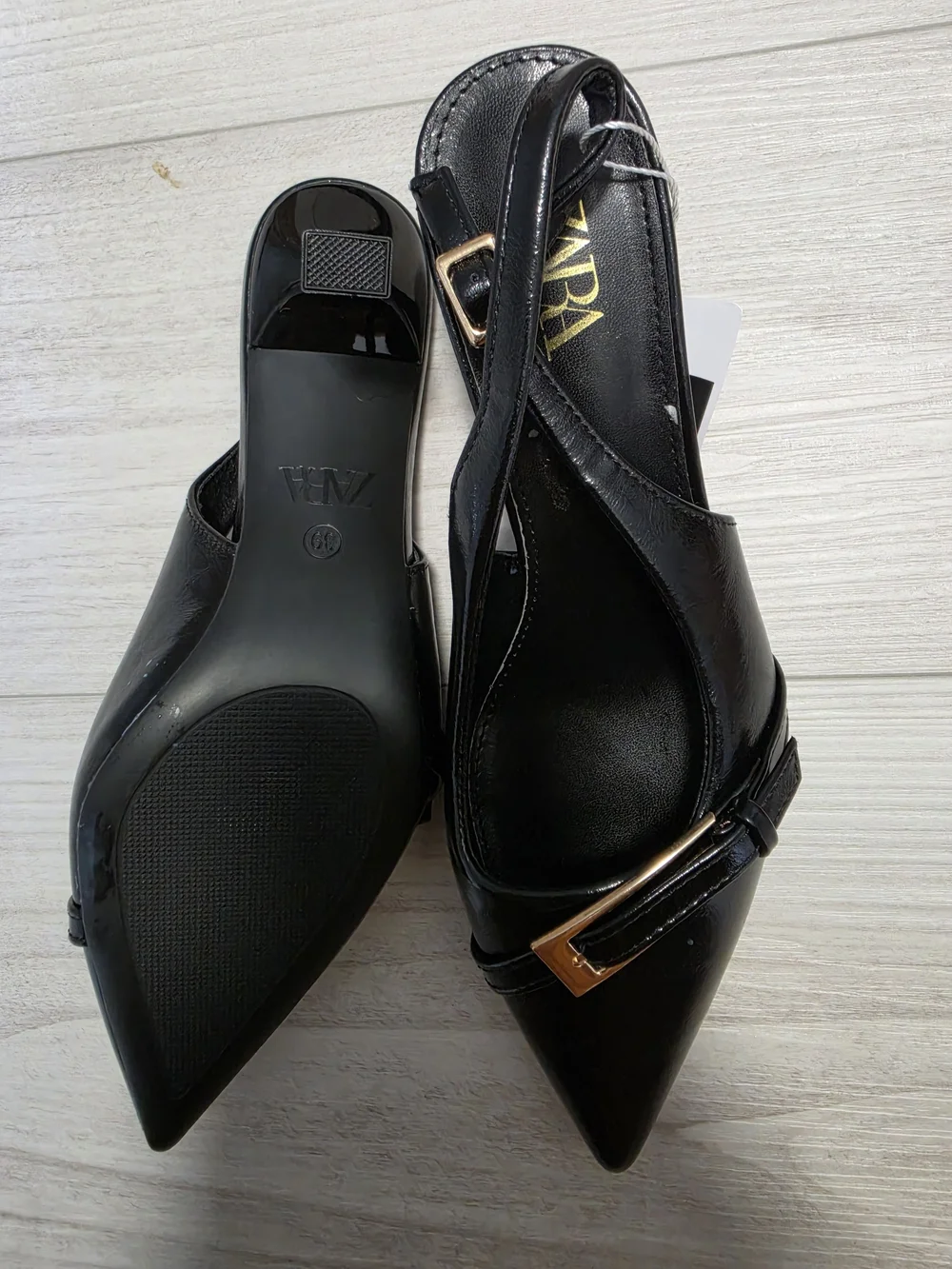 ZARA Black Pointed Slingback Pumps with Gold Accent Buckles - Picture 4 of 5